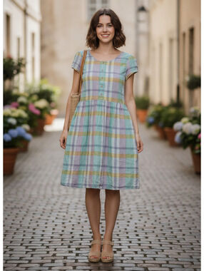 WARES by Olli Ella Linden pastel plaid GOTS organic cotton midi dress MEDIUM